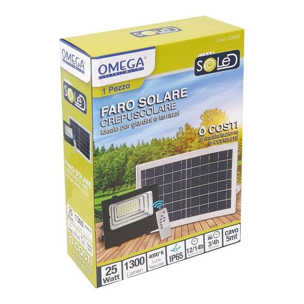 Proiettore a led con pannello solare 25W 4000K Omega