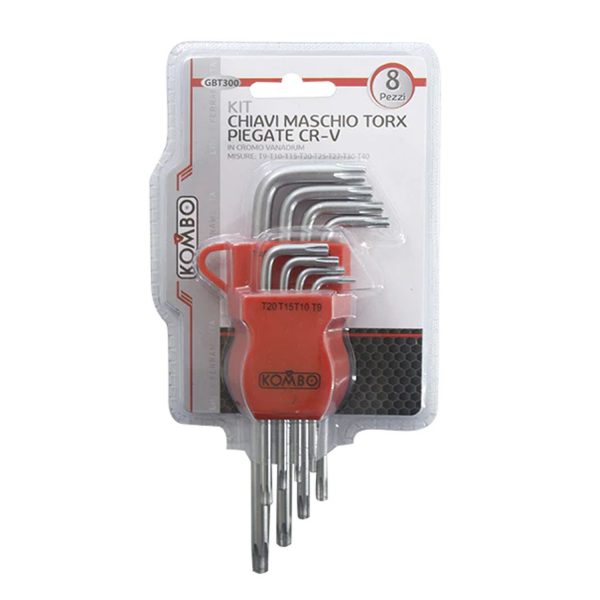 Set 8 Pezzi Chiavi Maschio Torx Misure T9, T10, T15, T20, T25, T27, T30, T40 Kombo