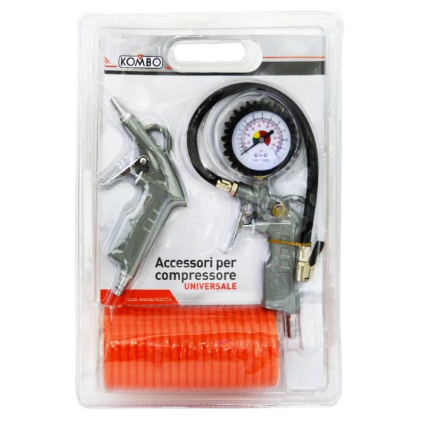 Kit 3 accessori per compressione: Pistola aria compressa + 1 Pistola gonfiaggio + 1 Flessibile per 5mt Kombo