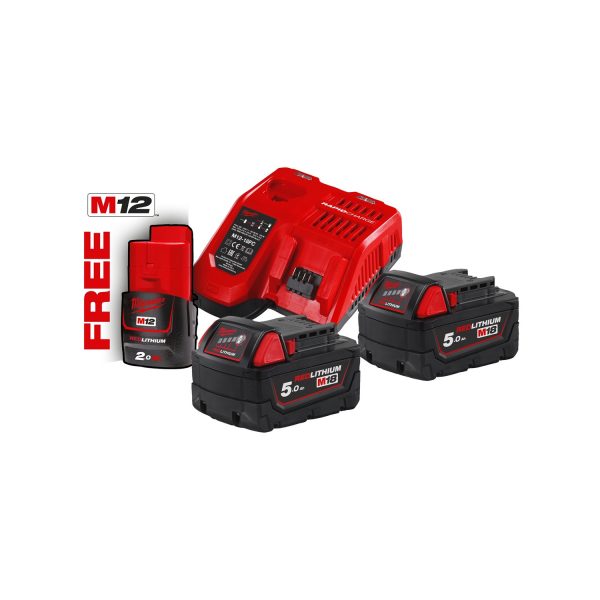 Milwaukee 4933451423 M18 NRG-503 Kit 3 Batterie M18 5,0AH + Caricabatterie rapido + Batteria M12 2,0AH