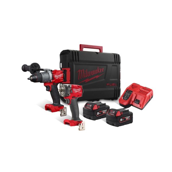 Milwaukee M18FPP2T2-502X Kit Trapano con Percussione M18FPD2 + Avvitatore ad impulsi 1/2″ M18FIW2F12 + 2 Batterie 18V 5,0 AH + Caricabatterie rapido