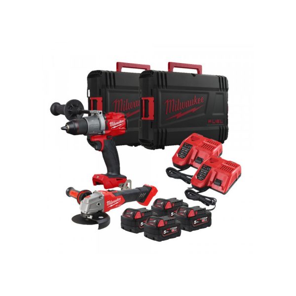 Milwaukee M18 FPP2FF-504X Kit 18V Trapano Con percussione (M18 FPD2) + Smerigliatrice angolare 125 MM M18 FSAG125XB + 4 Batteria da 5.0AH + 2 Caricabatterie rapidi + 2 Valigette Heady Dute