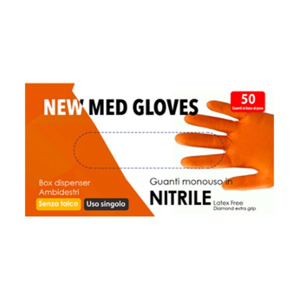 Guanti in nitrile arancio New Med Diamond senza polvere 50 pz  – TG XL